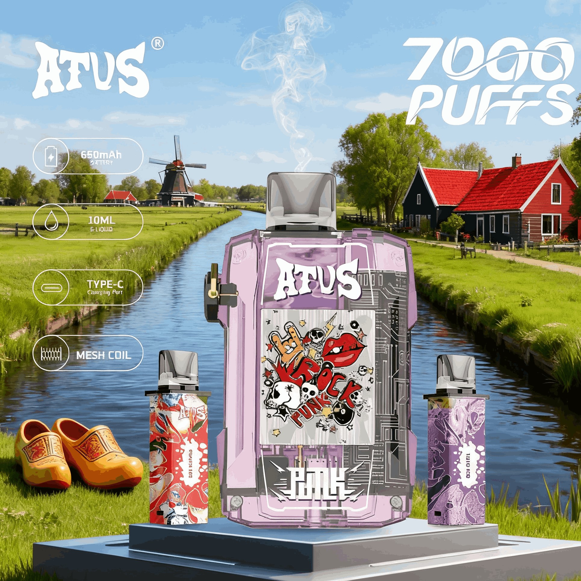 DE012 Einweg E-Zigarette 7000 Züge mit wiederaufladbar und einstellbarer Luftstrom ATVS Vape
