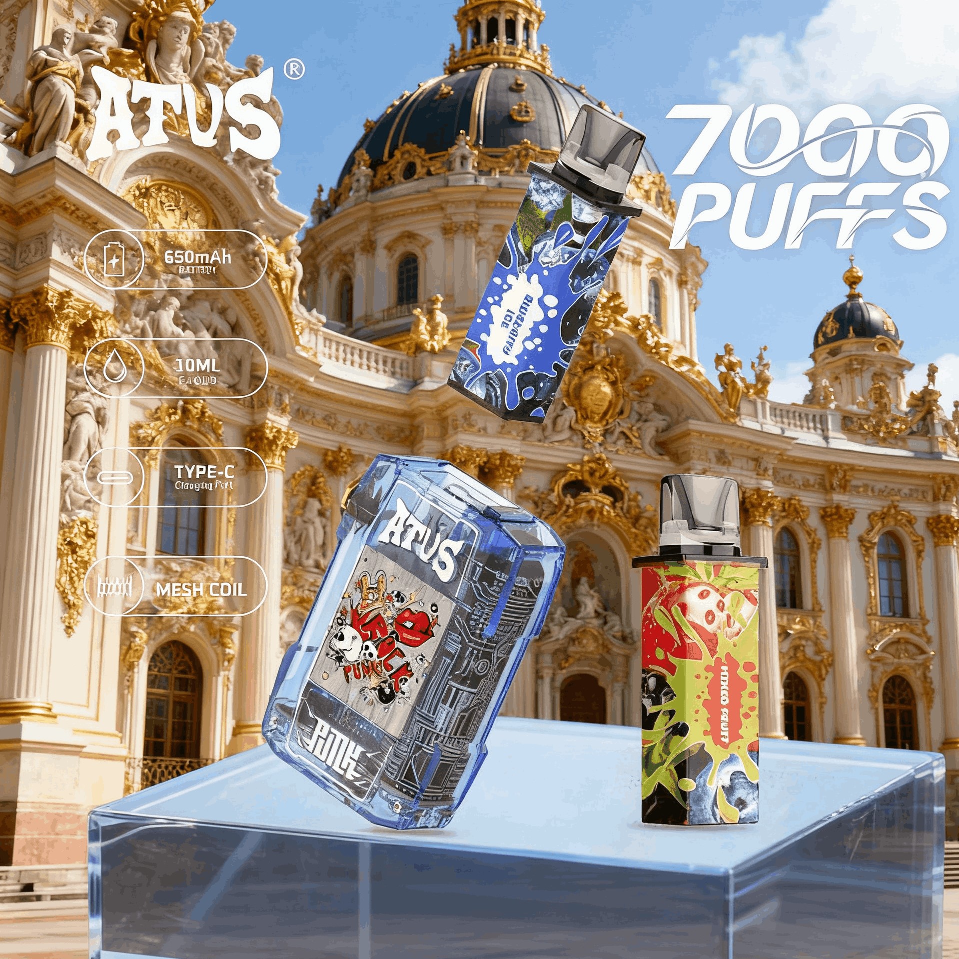 DE012 Einweg E-Zigarette 7000 Züge mit wiederaufladbar und einstellbarer Luftstrom ATVS Vape