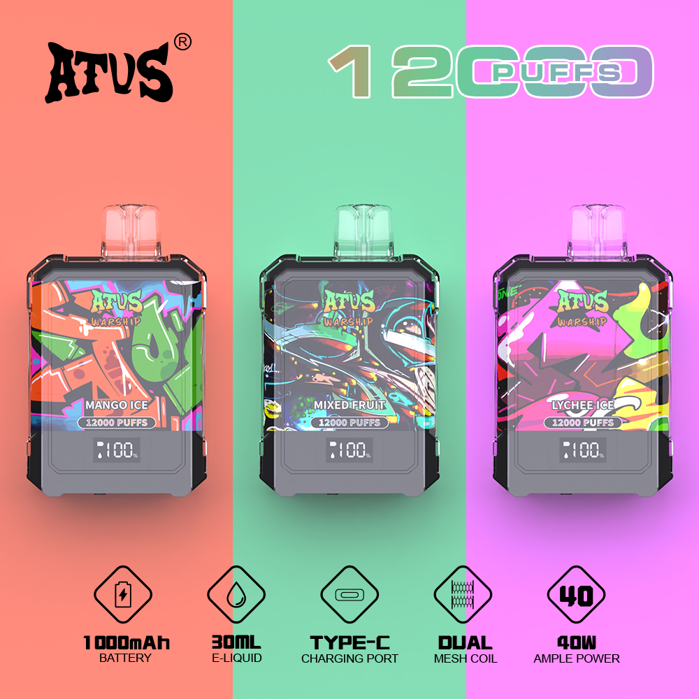 DE013A Einweg E-Zigarette 12000 Zuge mit LED-Anzeige wiederaufladbar und einstellbarer Luftstrom ATVS Vape