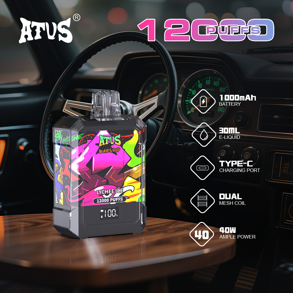 DE013A Einweg E-Zigarette 12000 Zuge mit LED-Anzeige wiederaufladbar und einstellbarer Luftstrom ATVS Vape