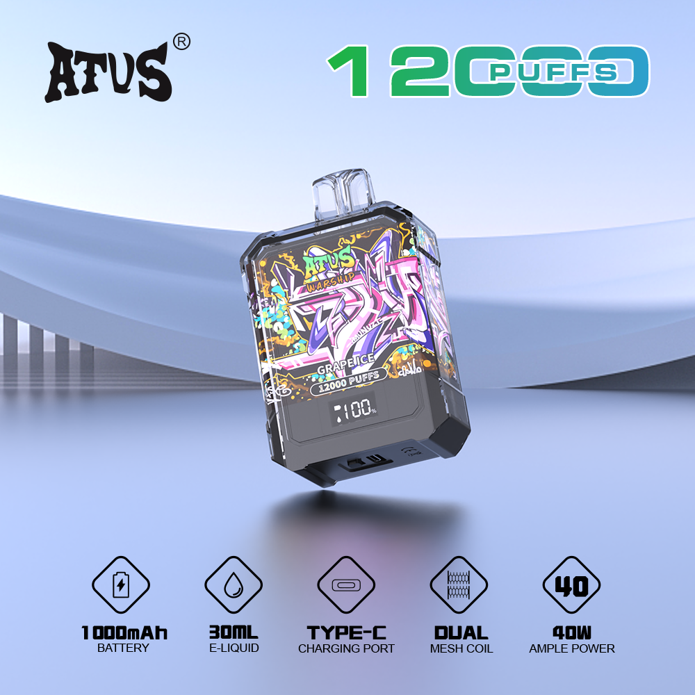 DE013A Einweg E-Zigarette 12000 Zuge mit LED-Anzeige wiederaufladbar und einstellbarer Luftstrom ATVS Vape