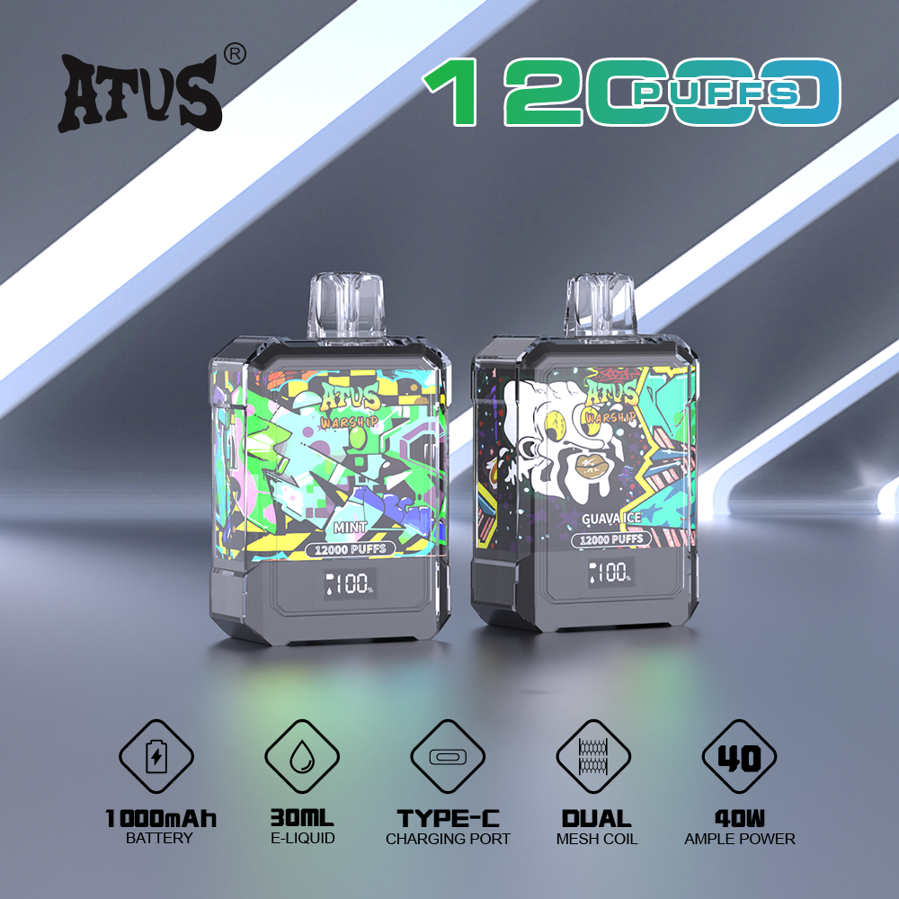 DE013A Einweg E-Zigarette 12000 Zuge mit LED-Anzeige wiederaufladbar und einstellbarer Luftstrom ATVS Vape