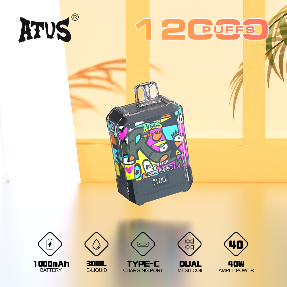 DE013A Einweg E-Zigarette 12000 Zuge mit LED-Anzeige wiederaufladbar und einstellbarer Luftstrom ATVS Vape