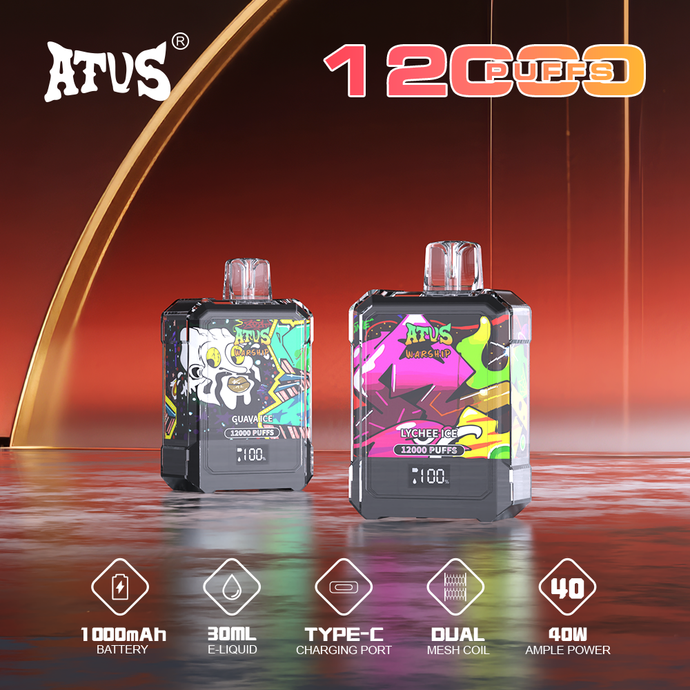DE013A Einweg E-Zigarette 12000 Zuge mit LED-Anzeige wiederaufladbar und einstellbarer Luftstrom ATVS Vape