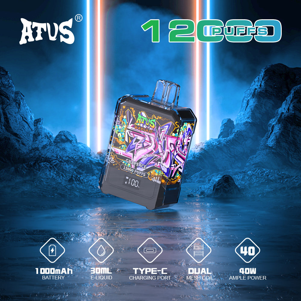 DE013A Einweg E-Zigarette 12000 Zuge mit LED-Anzeige wiederaufladbar und einstellbarer Luftstrom ATVS Vape