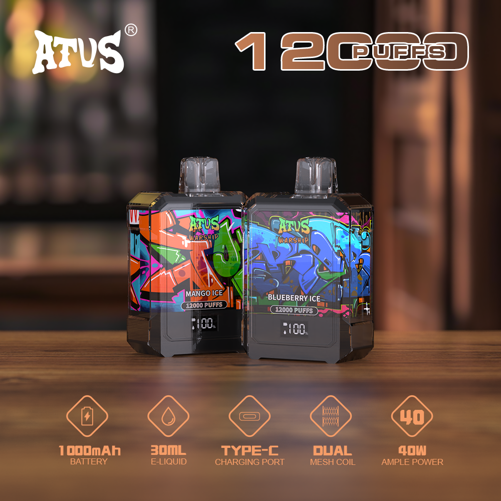 DE013A Einweg E-Zigarette 12000 Zuge mit LED-Anzeige wiederaufladbar und einstellbarer Luftstrom ATVS Vape