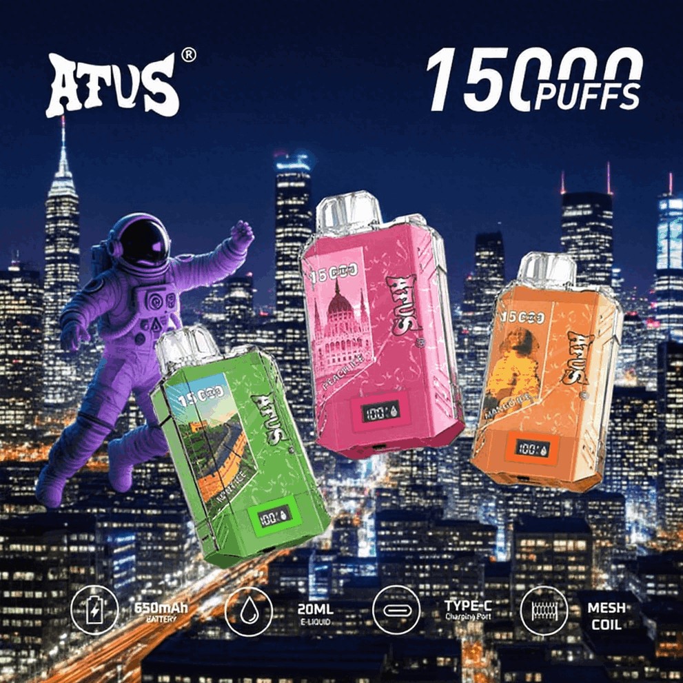 DE017 Einweg E-Zigaretten 15000 Züge mit LED-Anzeige wiederaufladbar und einstellbarer Luftstrom ATVS Vape E-Zigarette